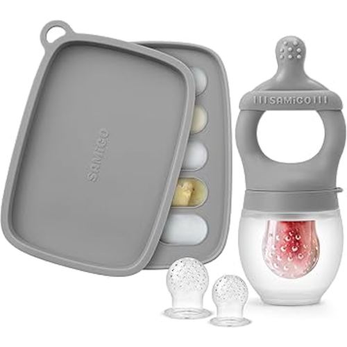 SAMiGO Baby Food Fruit Feeder and Breastmilk Popsicle Mold Set, Silicone Fruit Teether, Food Feeder Pacifier for Teething Relief, Freezer Tray, Baby Feeding Essentials, 4 Months+