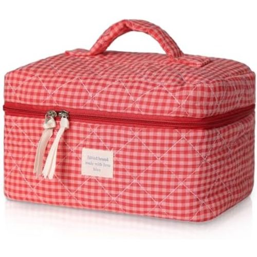 Gosect Large Makeup Bag, Cute Cosmetic Bag for Women Girls, Floral Coquette Aesthetic Toiletry Bag, Travel Make Up Organizer Bag(Red Checkered)