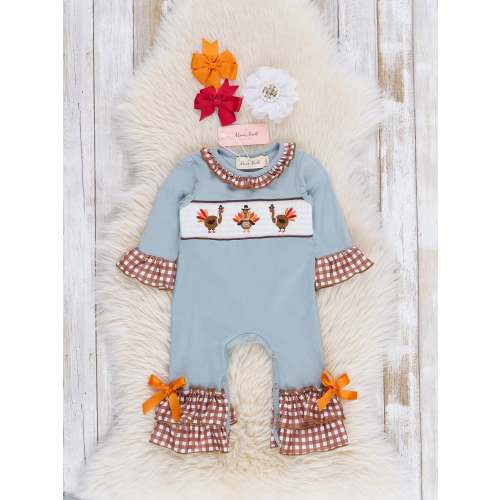 Dusty Blue & Brown Gingham Smocked Turkeys Ruffle Romper
