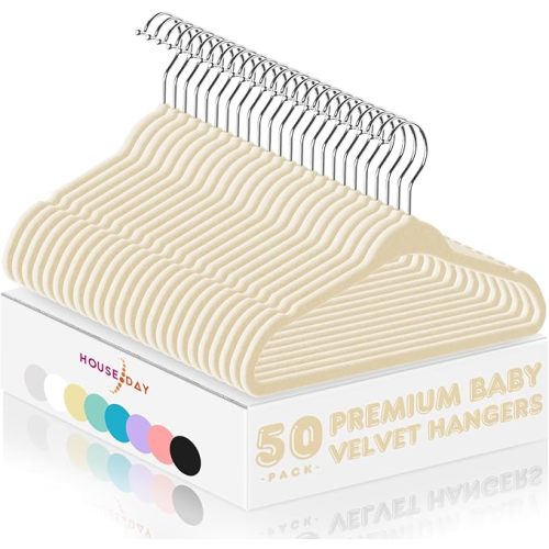 HOUSE DAY 11 Inch Velvet Baby Hangers 50 Pack Beige, Premium Kids Hangers for Children, Infant & Toddler Clothes, Durable Non Slip Small Baby Felt Hanger for Closet, Ideal for Everyday Use