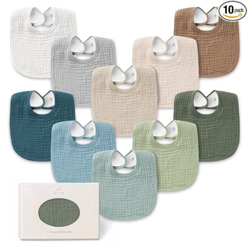 Konssy 10-Pack Muslin Baby Bibs for Drooling and Teething | Soft & Absorbent, Cotton Front with Fleece Backing, Adjustable Fit, Wash Durable, for Boys and Girls Ages 0-36 Months(Green)