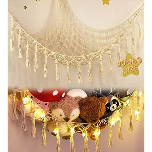 Stuffed Animal Toy Storage Hammock with LED Light-Macrame Jumbo Doll Room Corner Organizer Mesh Decoration-Hanging Storage Nets Kids Bedroom, (X-Large Size)