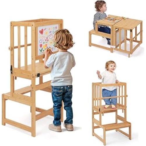 COSYLAND 3-in-1 Toddler Standing Tower with Whiteboard – Convertible Kitchen Stool for Toddlers – Globally Certified Kids Kitchen Step Stool (Natural)