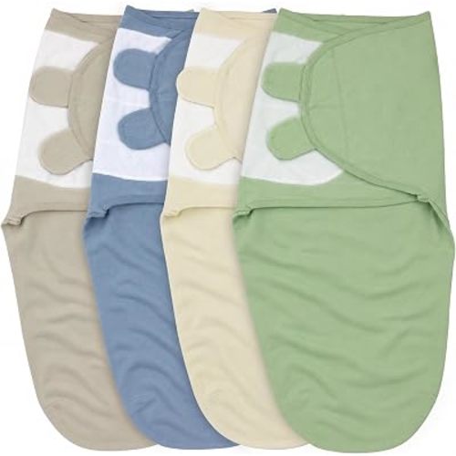 Newborn Swaddle Blanket 4-Pack, S/M 0-3 Months, GOTS Certified Organic Cotton, Adjustable Hook-and-Loop Wrap, Soft Breathable Sleep Sack, Reduces Startle Reflex for Boys & Girls