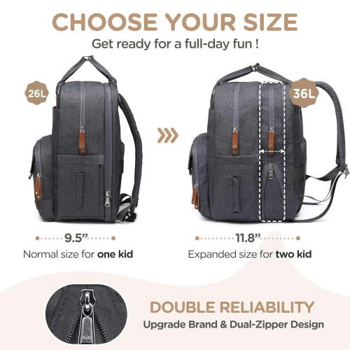Extra Large Diaper Bag Backpack for Two Kids Twins - Expandable Baby Bag (26-36L), Dual Big Compartments - Includes Changing Pad & Stroller Straps, Unisex Dark Grey