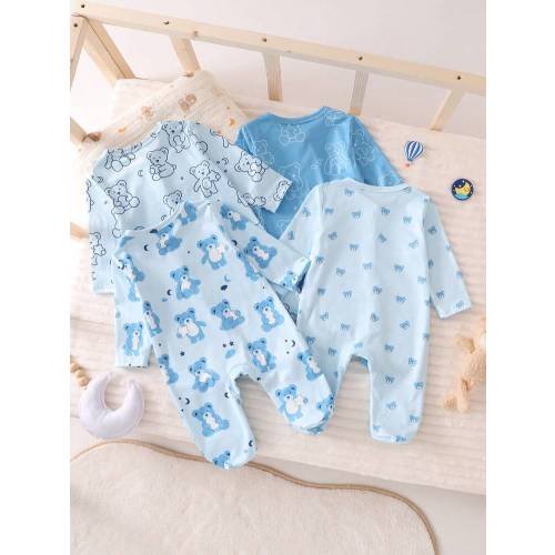 4pcs Newborn Bear Pattern Khaki Long Sleeve Footed Jumpsuit Pajamas Set Ear Pattern Pajamas, Soft Winter Pajamas, 4-Piece Set Newborn Pajamas Sets Baby New Born Clothes Boy Newborn Clothes Boy Blue Newborn Baby Set | SHEIN USA