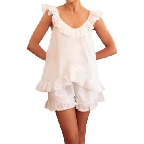Womens Summer 2 Piece Set Fashion Ruffle Trim Top and Shorts Set Cotton Pajama Sets