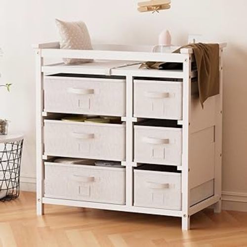 YUFU Baby Changing Table, Diaper Changing Station with 6 Storage Drawers and Changing Pad, Changing Table Dresser, White