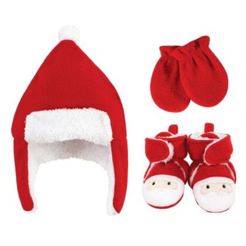 Hudson Baby Trapper Hat, Mitten and Bootie Set, Santa, 0-6 Months