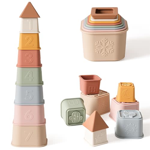 YIVEKO Baby Stacking Cups Toy, Silicone Stacking Tower Educational Baby Toys 6M+, Soft Teething Building Blocks 8 Pcs, BPA Free Sensory Infant Toy, Bath & Beach Toys, Vintage Neutral Colors-Gentle