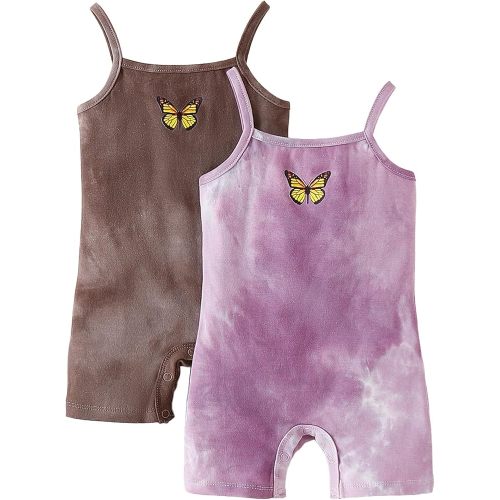 ROMPERINBOX Baby Girl Romper 2 Pack Sleeveless Spaghetti Strap Tie Dye Infant Jumpsuit Butterfly Summer Clothes 0-24 Months