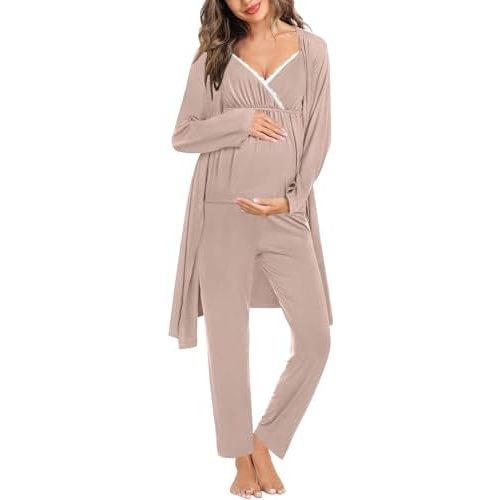 SWOMOG Maternity Nursing Robe Set 3 Piece Breastfeeding Pajamas 3 in 1 Labor Delivery Sleevless Tops&Long Pants Pregnancy Pjs