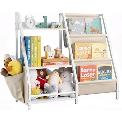 VEVOR 3-Tier Kids Bookshelf, Toy Storage Organizer for Toddler, Book Shelf for Kids Rooms with Sling Book Rack and Storage Bag, Kids Storage Book Shelves for Kids Room, Playroom, Kindergarten, Nursery