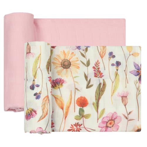 Muslin Swaddle Blankets for Baby Girl, 2-Pack 70% Viscose from Bamboo and 30% Cotton Large Swaddle Blankets (47" x 47"), Solid Pink Color/Flower Print