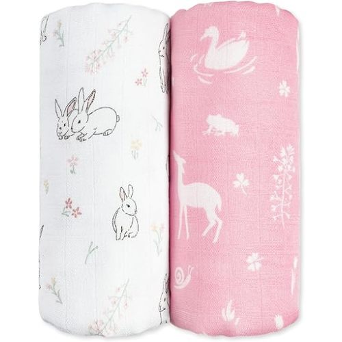 GLLQUEN BABY Muslin Swaddle Blankets Breathable Receiving Blankets (35" x 40") 2-Pack Soft Baby Blankets for Girls and Boys Newborn Essentials Muslin Burp Cloths Swaddle Wrap Gift(Looking for Spring)