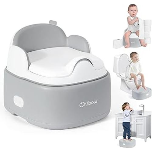 Orzbow 3-in-1 Potty Training Toilet, Detachable Baby Potty, As Toddler Toilet Seat, Chair, Step Stool for Boys & Girls 18+ Months, Potty Training Seat with Splash Guard, Lid, Easy Clean, Gray
