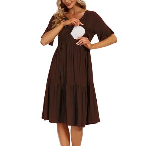 Smallshow Women's Maternity Nursing Dress Ruffle Short Sleeve Breastfeeding Clothes