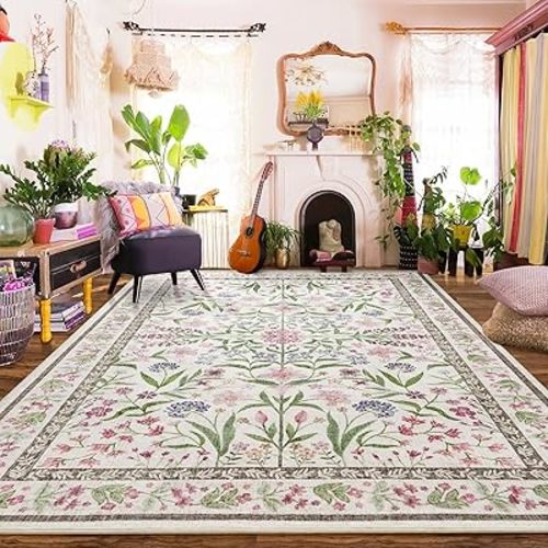 Amearea 8x10 Area Rugs for Living Room, Washable Area Rugs 8 x 10 Pink Floral Rug, Vintage Low Pile Cute Kids Girls Room Print Carpet, Non Slip Office Nursery Bedroom Dining Room Farmhouse Decor