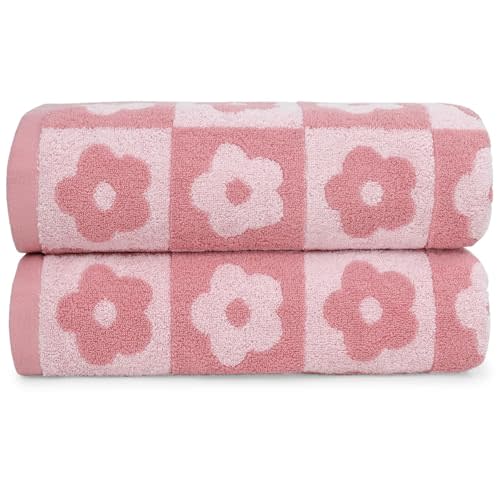 2-Pieces Luxury Bath Towels Checkered Floral, Pink Towels for Women Girls | Shower Body Towel 27.5x55 Inches, Bathroom Decor & Pool Days, Cotton