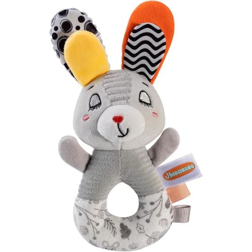 Sensory Shaker Rattle for Babies 0-6 Months, Infant Developmental Toys with High Contrast Patterns, Soft Plush Rabbit & Textured Ring for Auditory Visual Tactile Learning, Baby Shower Gift
