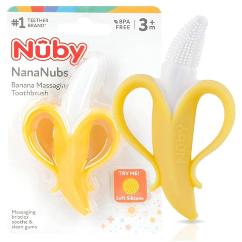 Nuby Nananubs Banana Massaging Teether – Baby Teething Toys 3 Months and Up, Silicone Teether for Sore Gums, Infant Toy, Baby Essentials, Brush, Travel Accessory, Gift for Babies
