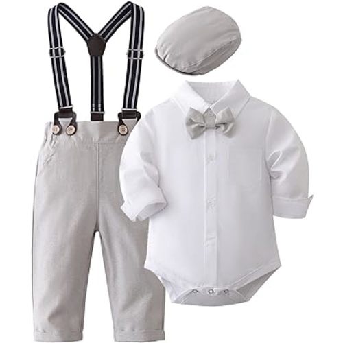 SALNIER Baby Boy Dress Suit Clothes Sets Infant Tuxedo Gentleman Suits Outfits Bowtie Shirt Suspenders Pants Beret Hat 0-24M