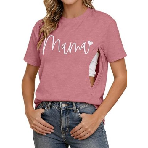 Breastfeeding Shirts for Women Zipper Nursing Tees Tops Letter Print Maternity Shirts Causal Nursing Graphic T-Shirt