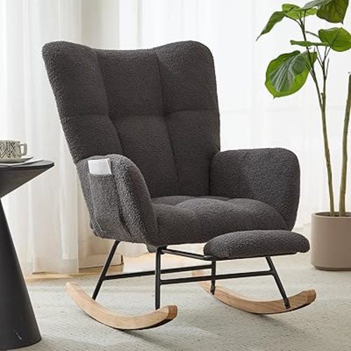Nursery Rocking Chair Teddy Upholstered Reading Glider Rocker with Footrest Accent Chair with High Backrest Armchair Comfy Side Pocket Chair for Living Room, Bedroom, Offices (Large Grey)