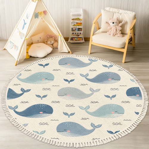 Washable Non Slip 4ft Round Rug, Cute Whales Swimming Gentle Waves Soft Pastel Colors Circle Area Rugs with Tassels Carpet for Nursery Bedroom Living Room Playroom Tent rug Tent Castle