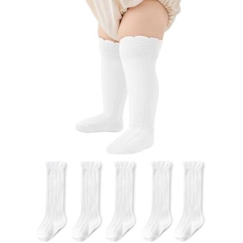 Zando Toddler Girls Knee High Socks 5-Pack, Soft Cotton Long Tube Ruffle Socks for Preemie Infant Newborn Toddler 0-3T