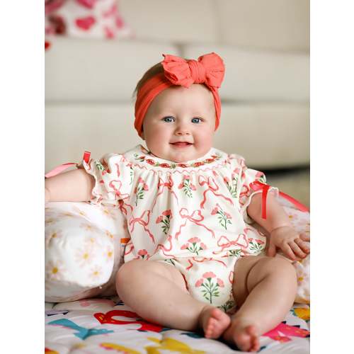 Floral Smocking Embroidery Bow Baby Girls Romper – Rylee Faith Designs
