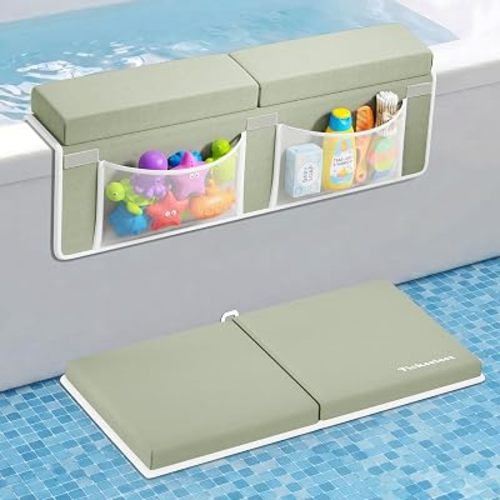 Bath Kneeler and Elbow Rest Pad Set-Baby Bath Kneeler with 1.5'' Comfortable Thick Memory Foam, Non-Slip Knee & Arm Support for Baby Bath Time,Foldable Bath Mat for Baby Storage Pockets (Green)