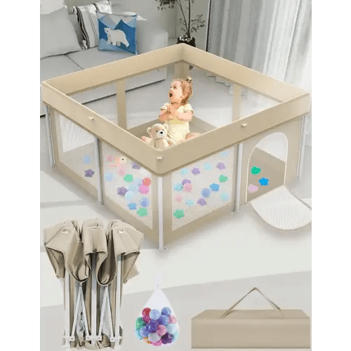 Foldable Playpen 50x50, Foldable Ultra-Portable Baby Playpen, Instantly Deployed in Three Seconds, Safe Baby Playard with Soft Breathable Mesh, Perfect Activity Center for Baby's Play, Beige