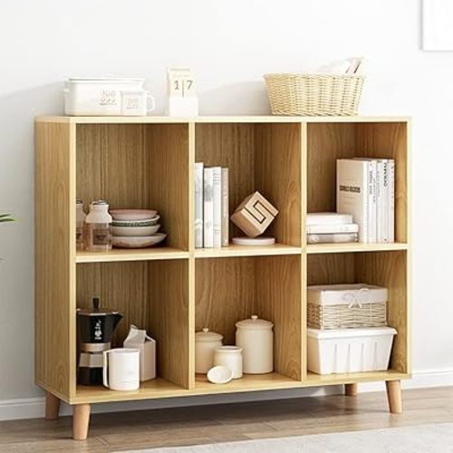 IOTXY Open Cubes Low Bookcase - 2-Tier 6-Cube Short Bookshelf in Oak