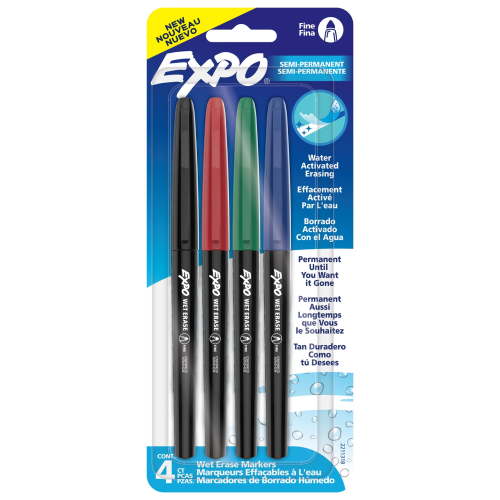 EXPO Wet Erase Markers, Semi-Permanent Markers, Assorted, Fine Tip, 4 Count