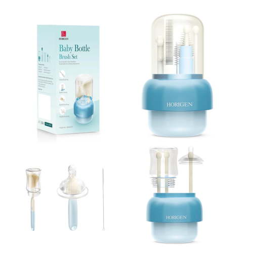 Horigen Baby Bottle Brush Set 6-in-1 with Drying Rack, Silicone, Non-Toxic, Soft Bristles, Portable for Travel & Home