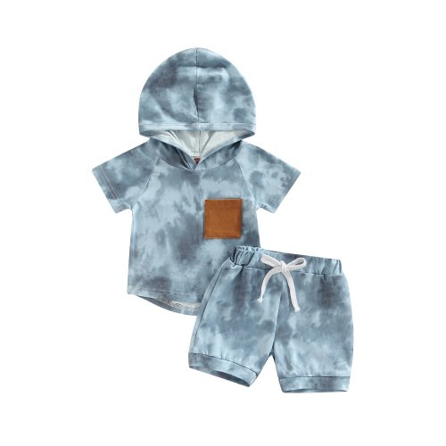 Bagilaanoe 2Pcs Toddler Baby Boy Short Pants Set Tie Dye Short Sleeve Hooded Pullover + Drawstring Shorts 1T 2T 3T 4T 5T Casual Summer Outfits