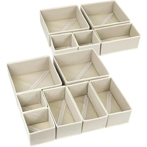 12 Pack Drawer Organiser, Storage Box with Drawer Dividers, Foldable Drawer Organisers for Clothing, Underwear, Socks, Bra, Towels, Ties (Beige)