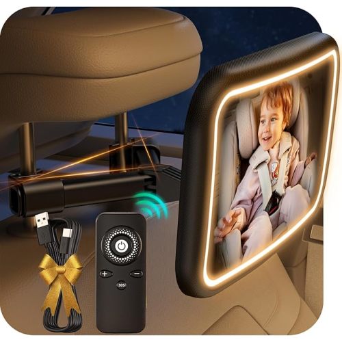 Baby Car Mirror With Light for Baby Rechargeable 2000mA Baby Mirror for Car Seat Rear Facing Hook Clip Design Car Seat Mirror for Baby Rear Facing Crystal Clear ShatterProof With Remote 10ft Cable