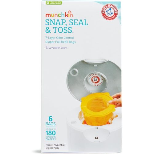 Munchkin Arm & Hammer Diaper Pail Refill Bags, Snap, Seal, Toss Disposable Diaper Trash Bags, Lavender Scented, 20 Pack, Holds up to 600 Newborn Diapers