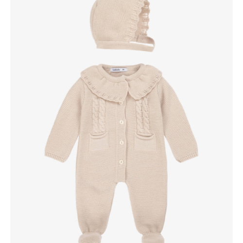 Babidu - Girls Beige Knitted Babygrow & Hat Set | Childrensalon