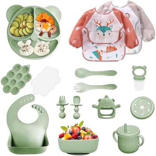 Silicone Baby Feeding Set, 14 Pcs Baby Led Weaning Supplies, Baby Spoons & Forks Suction Bowl Divided Plate Bib Cup, First Stage Solid Food Eating Utensils - 6+ Months (Green)