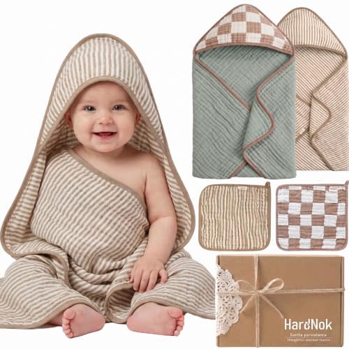 Muslin Baby Bath Towels Set Organic Cotton Blend (Earthy Matcha) | 32x32" Towels & Washcloths, 6-Layer Janquard, Neutral Sage Mix, Infant Beach Essentials, Baby Shower, Curated Gift Box