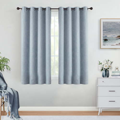 Uptown Home Blue Gray Solid Heavy Linen Textured Blackout Curtain for Bedroom Living Room Office, Grommet, 50"x63"x2