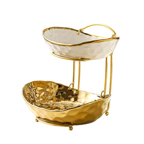 YYW Fruit Bowl for Kitchen Counter with Metal Stand, Home Fruit Rack with Holder, Vegetable Bowl Snacks Nuts Bread Candy Storage (2 layer gold color)
