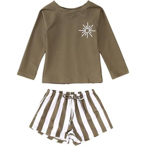 Toddler Baby Boy Swimsuit Swim Trunks & Rash Guard Long Sleeve Bathing Suit | Baby Boys' Swimwear Sets, Drawstring Swim Shorts And Top, Beach Outfit for Summer, Funny Pool Clothes, Two-Piece Swim Sets
