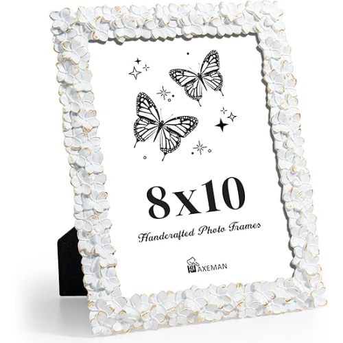 Axeman 8x10 Vintage Picture Frame, Flower Textured Hand-Crafted Resin Photo Frame with HD-Tempered Glass for Tabletop & Wall Display, Decorative Floral Design Home Décor, Art, Wedding, White & Gold