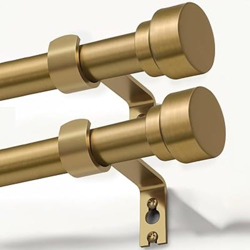 2 Pack Warm Gold Curtain Rods for Windows 28 to 48 Inches Adjustable Length Heavy Duty 1" Diameter Brass Window Curtain Rod with Solid Metal Finials for Outdoor Farmhouse Bedroom Kitchen Living Room