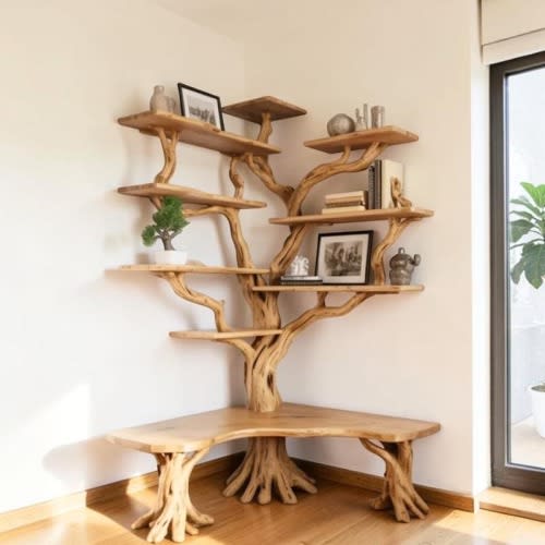 Handcrafted Live Edge Tree-Shaped Corner Bookshelf with Solid Wood Floating Shelves