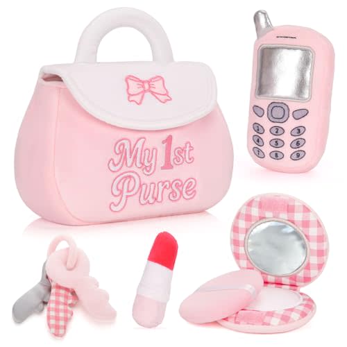 Dalycro My 1st Purse Plush Toy Set – 5 PCS Sensory Toddler Purse for Little Girls Including Phone, Lipstick, Keys & Mirror, First Birthday Gift for Baby Toddler Girl Ages 1-3 (Pink)